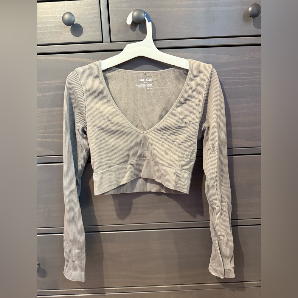 Garage Taupe Ribbed V-Neck Crop Top